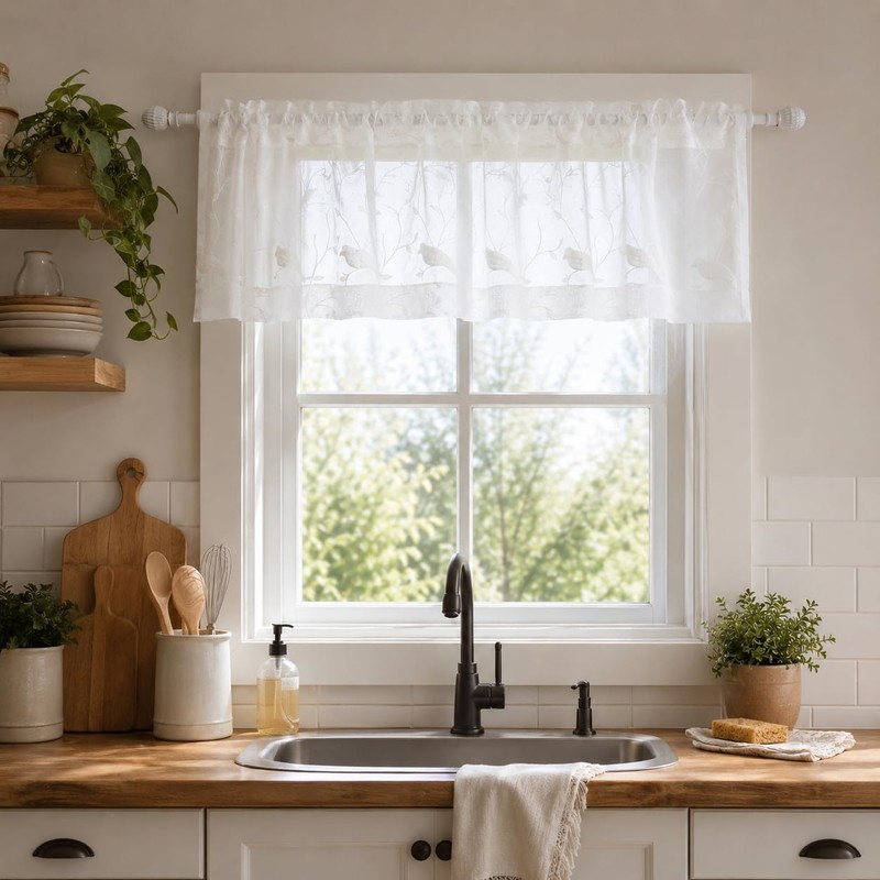 VOGOL White Rod Pocket Sheer Valance, Solid Window Treatment Kitchen