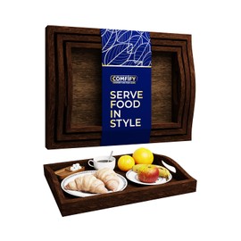 Serving Trays Set of 3 - Ottoman Wood Trays for Entertainment, Food and Décor - Rustic Farmhouse Distressed Wood Finish - Stained Wood Brown