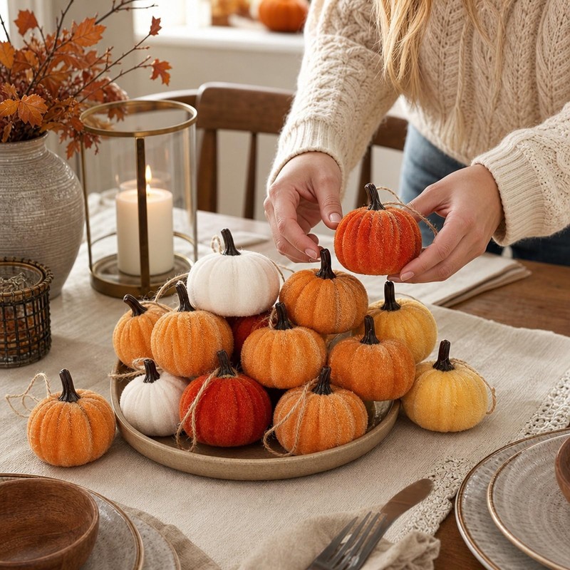 12 PCS Mini Pumpkins Decorations, Autumn Hanging Ornaments, Knitted Pumpkin