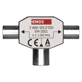 EMOS 2-way antenna distributor A-Class - 2-way splitter with coaxial socket (IEC) - fully shielded 3.5 dB - frequency 0.1-1000 MHz - 1 input / 2 outputs - TV antenna TV distributor with DC passage