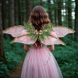 RENEMEGO Pink Fairy Wings Set for Women - 3PCS Butterfly Flower Crown Elf Ears Elven Wings with Leaves and Vines Mother Nature Costume for Adults Renaissance Renfaire Dress Up Cosplay Accessories