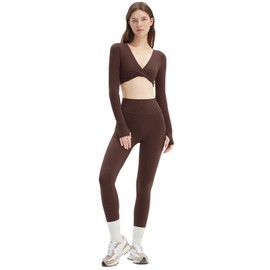SUUKSESS Women 2 Piece Workout Sets Long Sleeve Twist Deep V Crop Padded Tops Yoga Leggings with Side Pockets (Dark Brown, S)