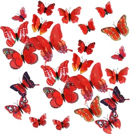 24PCS 3D Butterfly Wall Sticker Double Layer Butterflies Wall Art Stickers Girls Bedroom Decorations Butterfly Wall Decals DIY Art Crafts for Home Garden Classroom Party Decor (Red)