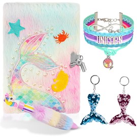 OFFCUP Plush Secret Diary, Plush Unicorn Notebook, Plush Girl Notebook Alpaca Plush Notebook Unicorn Journal Plush Mermaid Notebook With with 10 Tattoo Stickers and 4 Gel Pens (Mermaid Lock)
