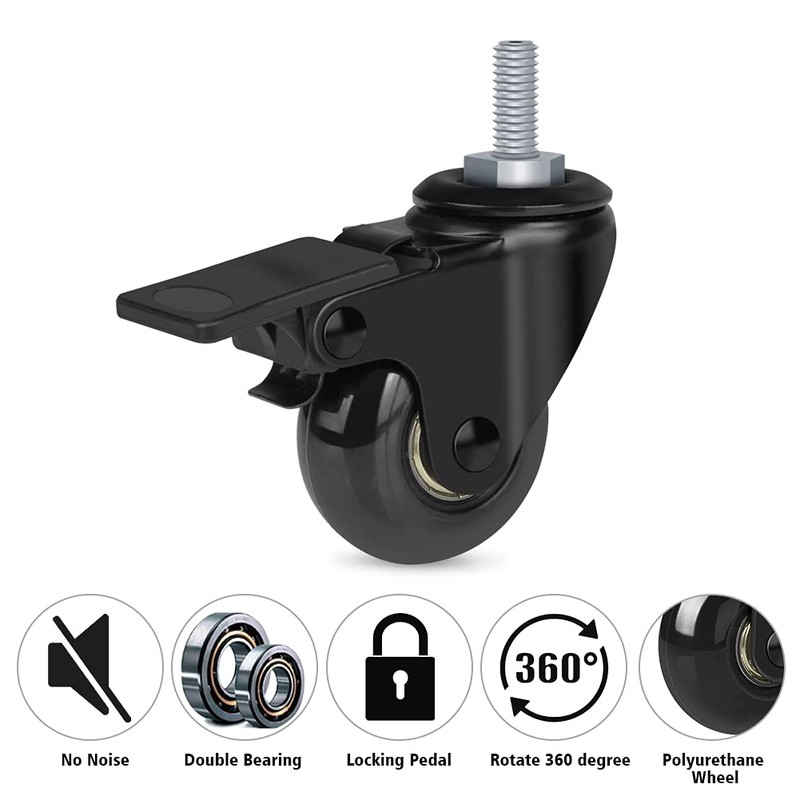 Hirate Threaded Stem Casters 5/16" with Brake, Set of 4