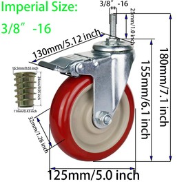 DICASAL 5 Inch Heavy Duty Stem Casters 360 Degree Swivel Durable Wheels Castors with Imperial Size 3/8"-16x1 Threads Dual Safety Locks and Bearings Easy to Install for Furniture and DIY Tools
