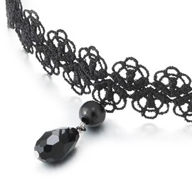 Gothic Victorian Nostalgic Black Lace Tattoo Choker Necklace with Black Teardrop Beads(CA)