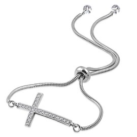 My Daily Styles Stainless Steel Clear CZ Religious Cross Adjustable Snake Chain Bracelet - Silver-Tone