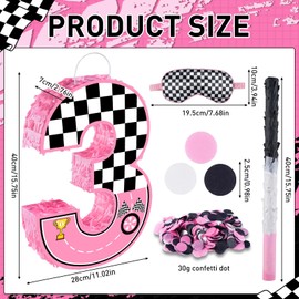 Pink Racing Cars Themed Birthday Decorations, Racing Cars Themed Number 3 Pinata with Stick Blindfold and Confetti Racing Car Themed 3rd Birthday Party Decoration & Supplies (Pink Race car 3th)