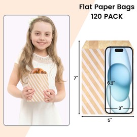 VGOODALL 120PCS Flat Paper Bags, 5 x 7 Inch Popcorn Bags Cookie Bags Kraft Paper Bags Striped Snack Bags Treat Bags for Snacks Cookies