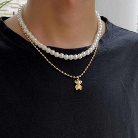 Inilbran Boho Layered Bear Pendant Necklace Gold Cartoon Animal Vintage White Pearl Choker Adjustable Ball Chain Jewellery for Women, Zinc