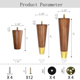 TAOEIFUOR Hard Wood Furniture Legs with Gold Caps 6 Inch Mid-Century Modern Replacement Legs for Couch Dresser Cabinet Vanity Ottoman Walnut Color Sofa Legs Set of 4