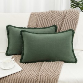 HSOFTIFY 12x20 Pillow Cover Set of 2, Green Boho Throw Pillow Covers with Handmade Fringes & Tassels, Farmhouse Fall Pillow Covers for Couch Sofa Bed and Outdoor