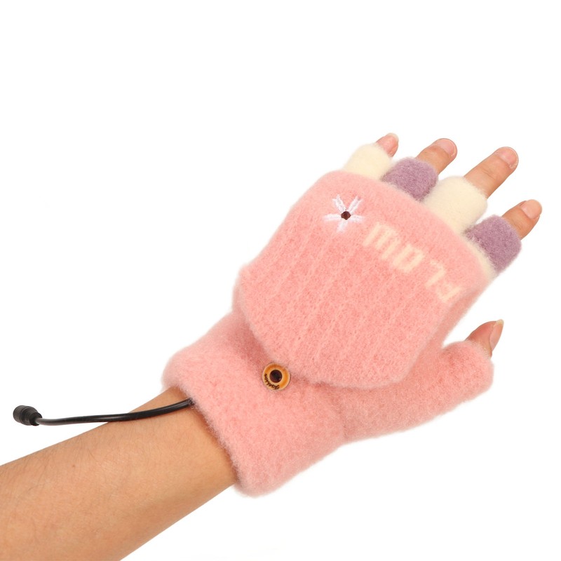 USB Heating Winter Gloves Cotton Knit Washable Women USB Fingerless