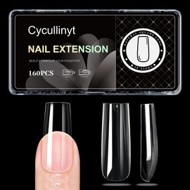 Cycullinyt 160Pcs Square Soft Gel Nail Tips, Natural Square Long Nails, 16 Sizes Full Cover Acrylic Fake Nails Clear False Nail Extension for Beginner and Professional Home Salon DIY