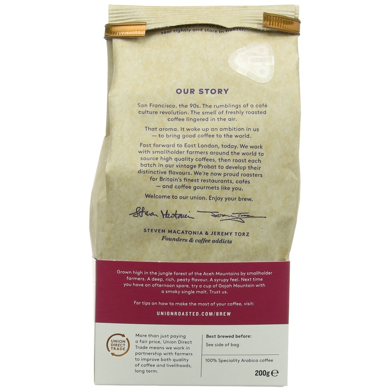 Union Hand Roasted Gajah Mountain Sumatra Whole Bean Coffee 200