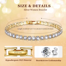 J.Fée deluxe and glitter 5A cubic zirconia tennis women's bracelet silver / gold / rose gold crystal bracelet Birthday anniversary jewellery gift for her with box 17-19 cm / 6.7-7.5 inches, Silver Plated, gold