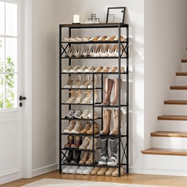UNITSTAGE 10-Tier Shoe Rack, Shoe Storage Organizer with Boots Storage, Large Capacity Shoe Shelf Holds 27-30 Pairs of Shoes, Durable and Stable, for Entryway, Closet, Hallway, Dorm Room, Rustic Brown