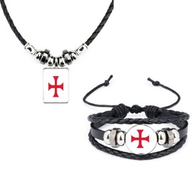 Set Of 2 Knights Templar Red Cross Black Leather Bracelet And Black Soft Rope Necklace With Velvet Gift Bag