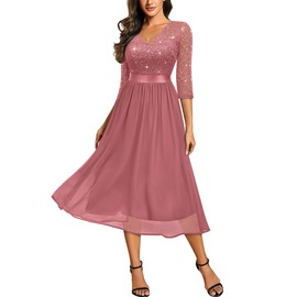 Miusol Women's Elegant V Neck Sequin Lace Sleeve Bridesmaid Party A-line Dress (X-Large, Cinnamon Pink)