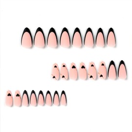 Valentines Press On Nails Almond Medium - Heart Press On Nails, Valentines Fake Nail with Matte Black French Heart Gold Thread Design, Artificial Stick On Nail for Women-24Pcs