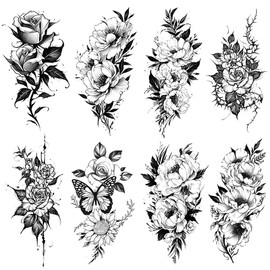 Yesallwas Tattoo Stickers, Black, Flower and Bird, Set of 8, Realistic Large Size, Waterproof, Long Lasting, Japanese Carved, Tattoo Stickers, Body Seal, For Kids, Men, Women, Black Flower Tattoo 5.9