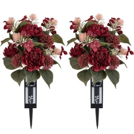 Memobloom Red Cemetery Flowers for Grave: 2 Pcs Peony Grave Flower Bouquets for Cemetery Decorations - Spring Outdoor Gravesite Flowers with Vase