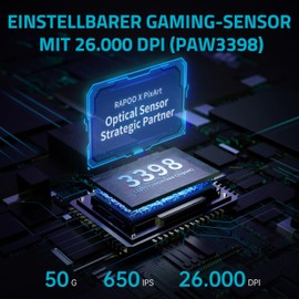 Rapoo V30PRO kabellose 2,4 GHz High-Performance Gaming-Maus mit 26000 DPI optischem Sensor, 50 G Beschleunigung, 650 IPS, bis zu 160h Akkulaufzeit, PC/Mac - Schwarz