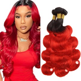 Raivide Hair Red Bundles Ombre Body Wave Human Hair Bundles Brazilian Red Body Wave Bundles Hair Weave Two Tone Black And Red Bundles Human Hair 3 Bundles 16 18 20 Inch Ombre Bundles