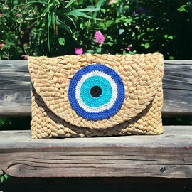Evil Eye Crochet Clutch Purse, Straw clutch, Boho, Greek eye, Women accessories, Evil Eye, Everyday item, Protection Bag, Party Purse, bag - Color: White Neutral