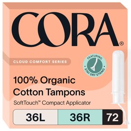 Cora Organic Applicator Tampon Multipack | 36 Light & 36 Regular Absorbency | 100% Organic Cotton, Unscented, BPA-Free Compact Applicator | Leak Protection | Packaging May Vary | 72 Total