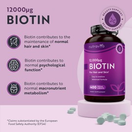 Nutravita Biotin Hair Growth Supplement 12000mcg - 400 Vegan High Strength Biotin Tablets (1+ Year Supply) - High Absorption Vitamin B7 Biotin Tablets for Hair - Supports Skin & Hair Growth - Nutravita