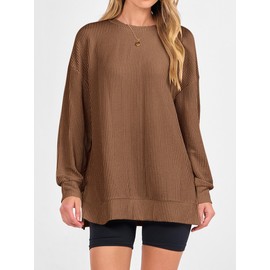 ANRABESS Womens Oversized Long Sleeve Shirts Ribbed Knit Tunic Tops Side Spilt Casual 2025 Fall Outfits Brown Large