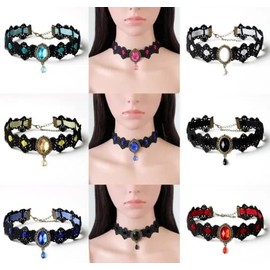 Outletissimo® Women's Gothic Black Lace Necklace with Blue Center Stone Pendant and Elegant Cosplay Pendant ET163 Taglia Unica, Zamak, Zamak, Zamak, Zamak