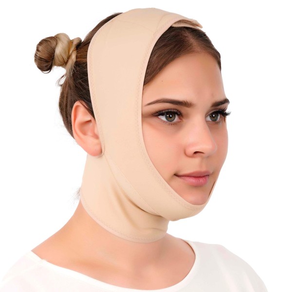 ikido Post Surgery Neck and Chin Compression Garment Wrap Bandage for Women, Face Slimmer, Jowl Tightening, Neck Coverage, Chin Lifting Strap (M)