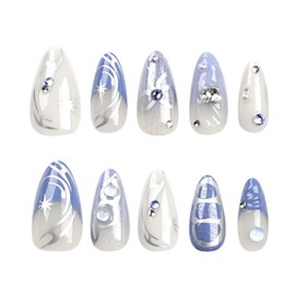 24Pcs Almond Press On Nails，Almond Shaped Press On Nails，Almond Nails Press On Long Almond Nails French Tip Fake Nails with Diamond Charm Starry Sky Designs Artificial Nails Stick on Nails For Women
