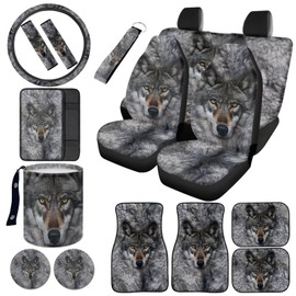 Finagallathe 16 Pcs Gray Wolf Seat Covers for Cars Full Set with Car Steering Wheel Cover Universal Auto Floor Mats Seat Belt Cover Armrest Pad Auto Trash Can Car Cup Coaster and Keychain