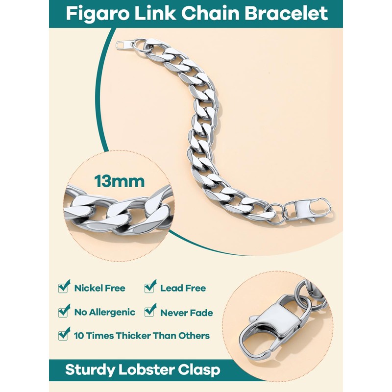 Supcare Chunky Bracelets for Man, 13MM Stainless Steel Cuban Link