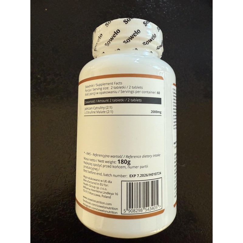 Sowelo L-Citrulline Malate, 1000 mg, Dietary Supplement with Citrulline Malate,