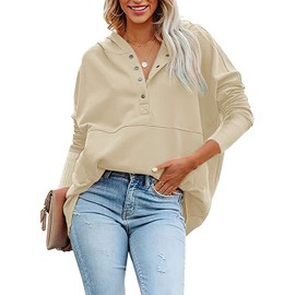 PRETTYGARDEN Loose Casual Button V Neck Hoodies for Women Long Sleeve Oversized Pullover Sweatshirt Hooded Tops Fall with Pockets (Apricot,Large)