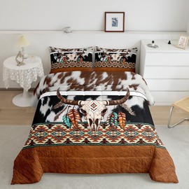 Bull Skull Comforter Set King Size,Brown and Black White Cow Fur Patchwork Quilt Set,Western Aztec Tribal Bedding Set for Kids Girls Boys Adult Room Decor Vintage Rustic Duvet Insert 3Pcs