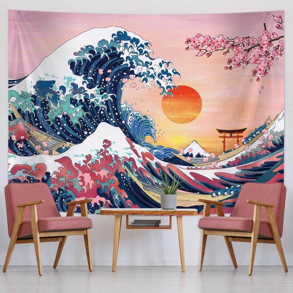 The Great Wave Tapestry Japanese Ocean Wave Wall Tapestry Cherry Blossom Tree Backdrop Sunset Tapestry Mountain Hanging Kanagawa Tapestry for Japanese Living Room Bedroom Decorations (59 x 78.7 Inch)