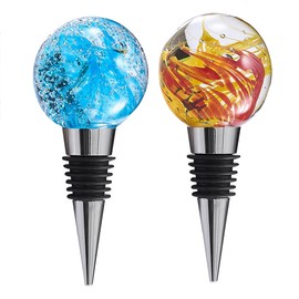 Blue Yellow Murano Blown Glass Wine Stopper,Champagne Wine Bottle Stopper, Leak-Proof and Reusable Wine Saver, Decorative Art Bottle Stoppers for Gifts, Bar, Holiday Party, Wedding, Pack of 3