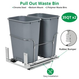 ‌Pull Out Trash Can Under Cabinet 2x25 QT, Dual Bin Under Sink Garbage & Recycling Combo with Quiet Steel Slides, Space Saving Waste Container Recycle Bin for Kitchen Apartment