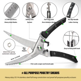 KUNIFU Poultry Shears, All Purpose Heavy Duty Kitchen Scissors For Food Turkey Meat Chicken Herbs, Cooking Scissors Kitchen Utensils, Kitchen Gadgets Black