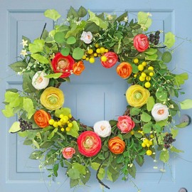 Spring Wreaths for Front Door, Soomeir Summer Peony Outdoor Wreath, Green Floral Door Decor for All Season Home Wall Wedding Farmhouse Holiday (Colorful Peony)
