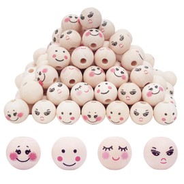 DLUSZERT Pack of 120 Smile Face Wooden Beads, 16 mm Angel Face Wooden Beads, Round, Natural Wooden Balls with 4 mm Hole, 4 Styles Wooden Craft Beads with Face for Macrame Threading Doll Head DIY