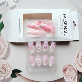 CEWEWP French Tip Press on Nails Long Coffin Square Fake Nails Bow Designs with White Pearl Full Cover False Nails Glossy Glue on Nail Acrylic Nails Artificial Nail for Women Nail Supplies 24Pcs