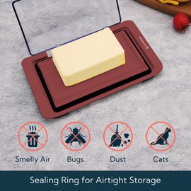 KITCHENDAO Airtight Flip-Top Butter Dish with Lid for Countertop and Refrigerator, Butter Keeper, Plastic Butter Holder Tray for 2 Sticks East Coast/West Coast/European Style/ Kerrygold Butter (Red)