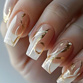 Coffin Press on Nails Long White French Tip Fake Nails with Design Gold Glitter Flower Curve False Nails Glue on Nails Artificial Acrylic Nails Stick on Nails for Women 24 Pcs Nail Supplies